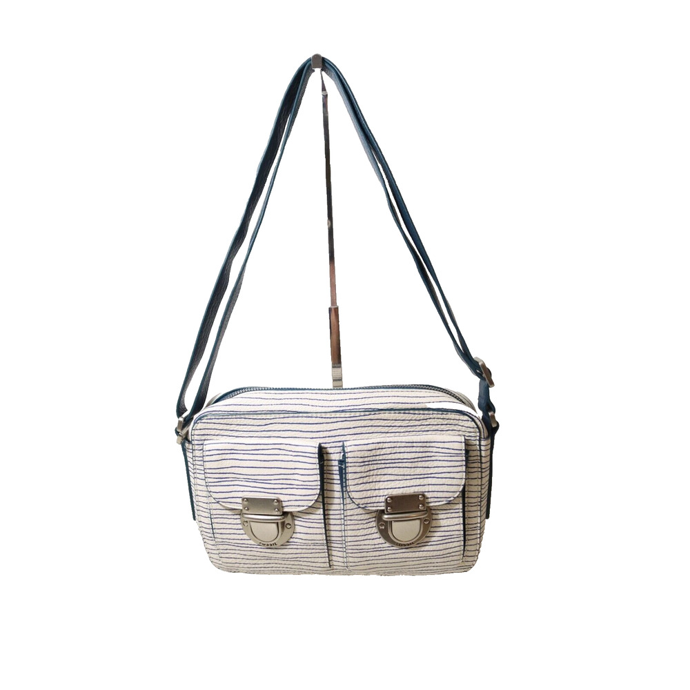 Fossil Crossbody Shoulder Bag Leather White Blue Striped Silver Buckle Accent 74